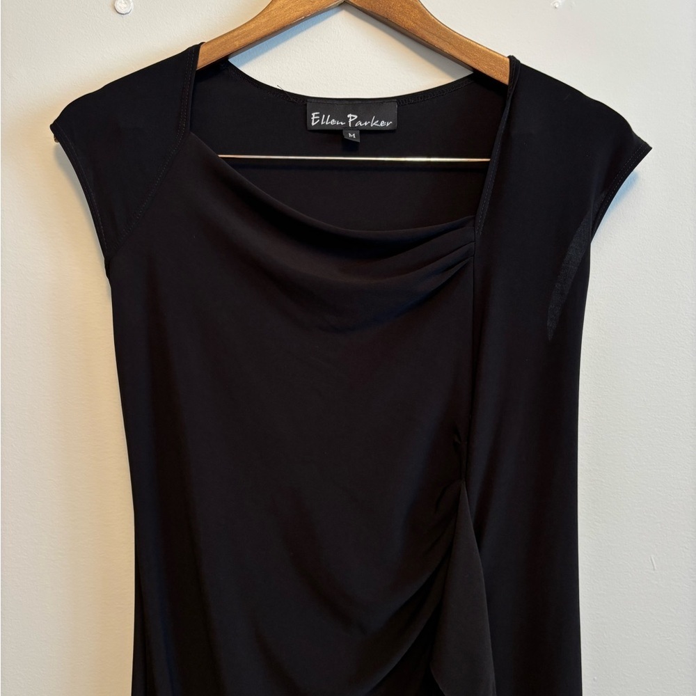 Ellen Parker Vintage Cap Sleeve Sheath Ruffle Silky Stretchy Mini Dress Black - Picture 2 of 10